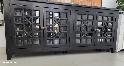 Black Wooden Entertainment Center with Lattice Glass Doors