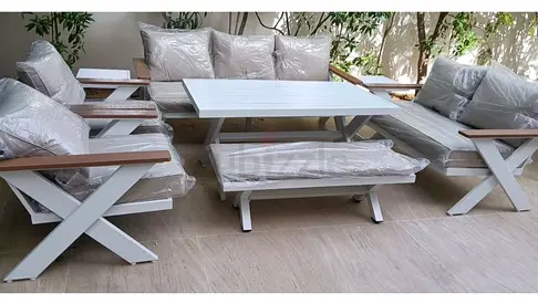 Outdoor/Patio aluminum with Wooden Frame Sofa Set with Cushions (White)