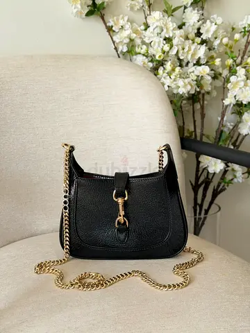 Black Leather Shoulder Bag with Gold Chain Strap