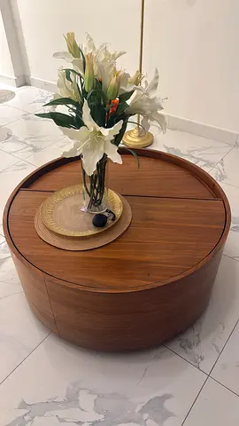 West Elm Round Wooden Coffee Table with hidden storage