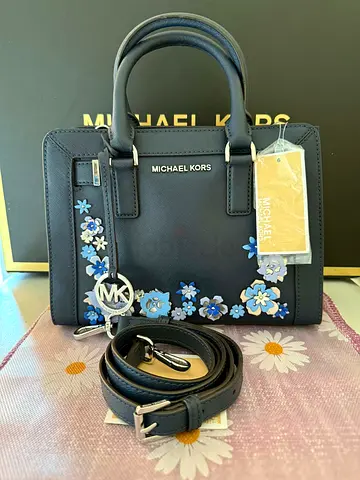 Michael Kors Navy Blue Floral Applique Handbag with Shoulder Strap