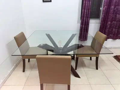 Glass top dining table with 8 seater beige chairs - modern set