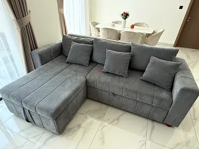 Grey L-shaped Fabric Sofa Bed with Storage — Good Condition