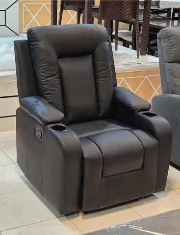 Black Leather Recliner Armchair with Cup Holders