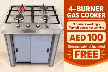 4-burner freestanding gas cooker with cabinet - 3 burners working (Top-left faulty)