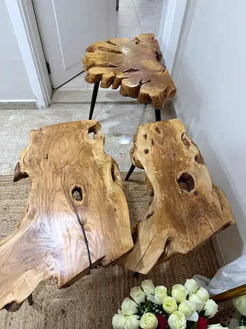 Set of 3 Rustic Live-Edge Wood Nesting Tables with Metal Legs