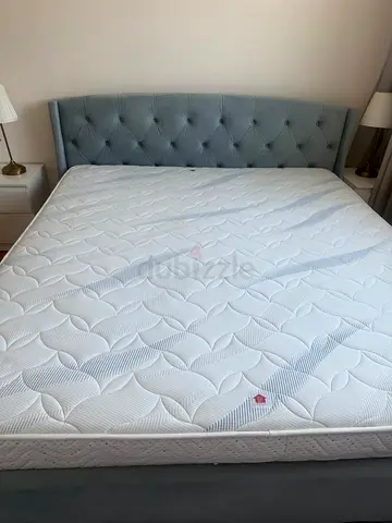 Brand New - King size upholstered bed frame with mattress - light grey, excellent condition