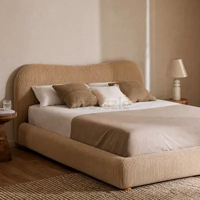 Beige Corduroy Upholstered King Bed with Curved Headboard