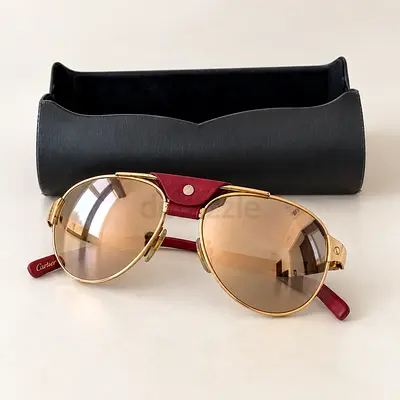 Authentic Cartier Gold & Burgundy Aviator Sunglasses with Original Box