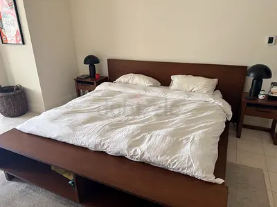 Solid Wood Queen Bed Frame with Built-in Storage Shelves