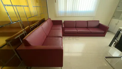 Modern burgundy leather L-shaped sofa set - good condition and velvet sofa set with cushion