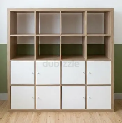 Wooden 12-Cube Shelving Unit with 8 Doors — Light Oak & White