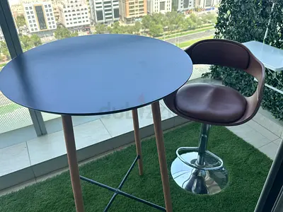 Adjustable Brown Leather Bar Stool with Chrome Base and table