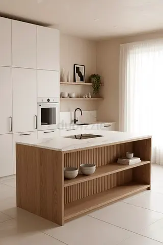 Modern Wooden Kitchen Island with Marble Top and Storage