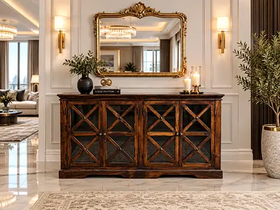 Pottery barn Solid Wood Sideboard / Console Cabinet with Glass Panels - Dark Finish