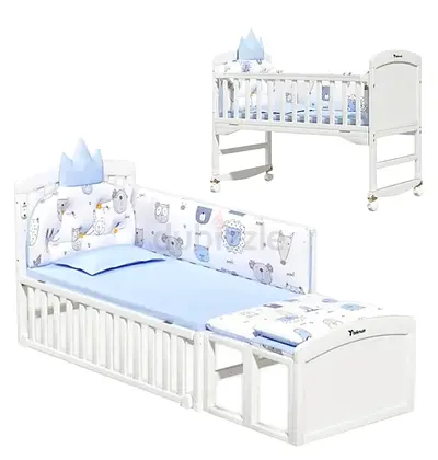 White Convertible Baby Crib with Changing Station and Bumper Set