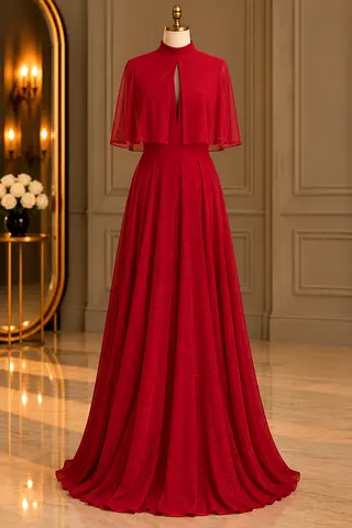 Elegant Floor-Length Red Evening Gown with Capelet