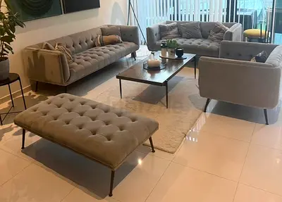 Modern tufted 3-piece grey sofa set with bench (living room set)