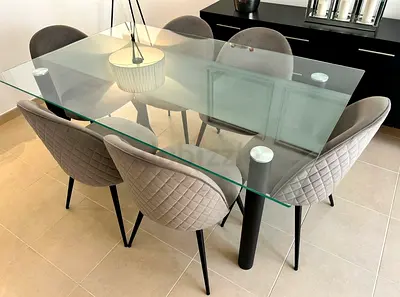 Glass Top Dining Table with 6 Grey Quilted Chairs