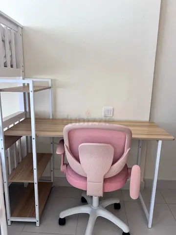 Wooden Study Desk with Shelves + Pink Ergonomic Chair (Good Condition)