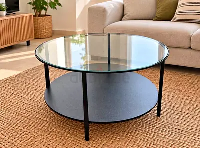 IKEA Glass Top Coffee Table with Lower Shelf - Modern Black Frame
