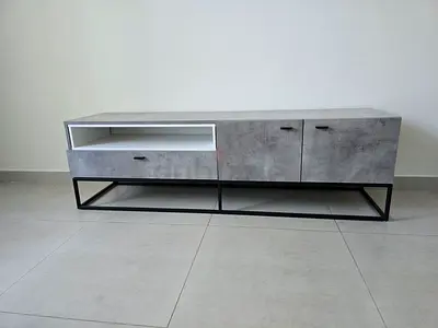 Modern low TV cabinet/entertainment unit - concrete finish, metal base
