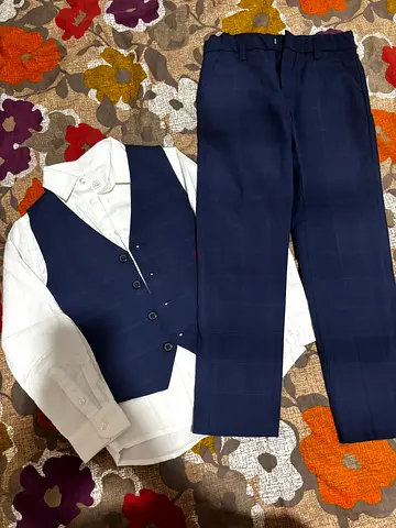 Navy Blue Checked Boys' Suit Set – Waistcoat, Trousers & Shirt