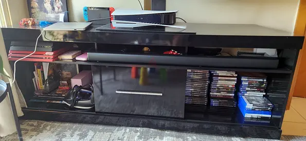 Black glossy TV entertainment unit with storage and drawers - perfect condition