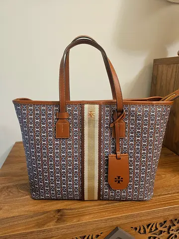 Original From USA Brown patterned Tory Burch-style tote bag with leather trim