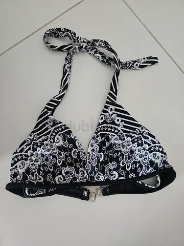 Black and white patterned halter swimming bikini top (No padded) M size