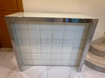 Chattels and More White Padded Reception Counter with Glass Chrome Frame & Storage
