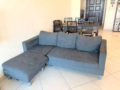 Grey L-shaped Fabric Sofa with Chaise - Good Condition