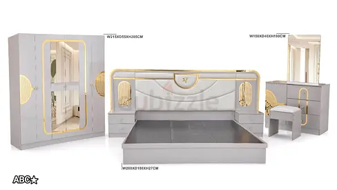 Modern white and gold 5-piece bedroom set with wardrobe, bed, dresser and nightstands