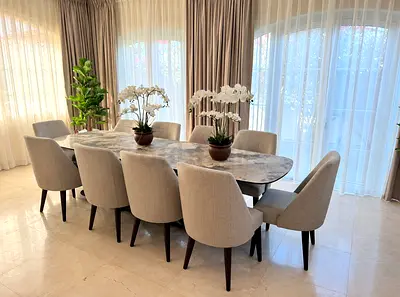 dining table with 10 upholstered chairs - excellent condition