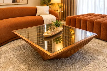Luxurious sculptural walnut glass coffee table