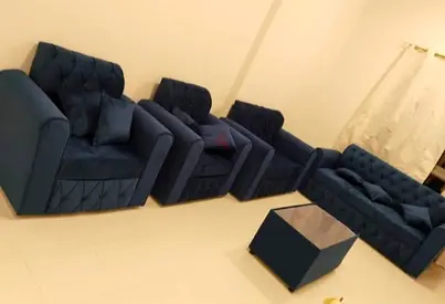Dark Blue Velvet 3+1+1 Sofa Set with Coffee Table - Good Condition