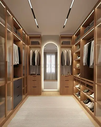 Spacious Custom Wooden Walk-In Wardrobe with Shelving and Shoe Racks