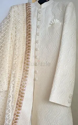 Off-white embroidered groom sherwani with matching dupatta - size approx L