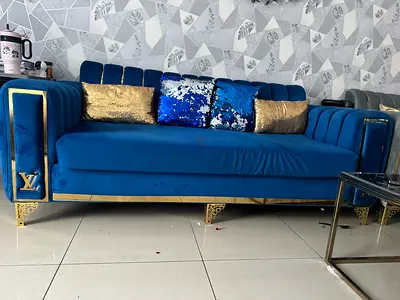 Blue velvet 3+3+1+1 seater sofa with gold accents