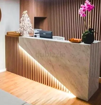 Modern Reception Desk with Wood Slat Paneling - Stylish Office Counter Custom Made
