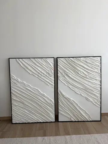 Set of 2 Minimalist Textured White Wall Art Panels in Black Frames