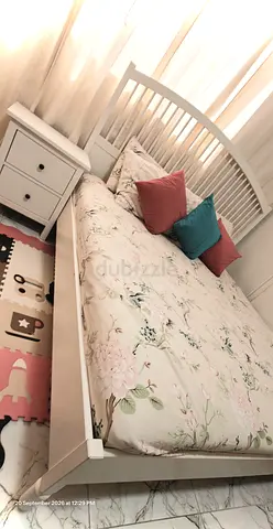 Ikea White Wood Queen Bed Frame with Headboard - Good Condition