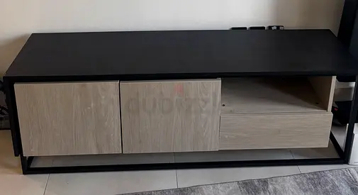 Modern TV Console / Media Unit with Storage - Black Frame, Light Wood Panels