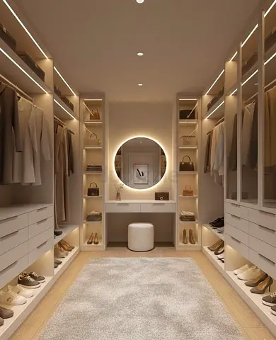 Modern Walk-in Closet and Wardrobe System with LED Lighting