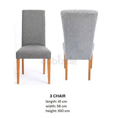 Set of 3 Grey Fabric Dining Chairs with Wooden Legs