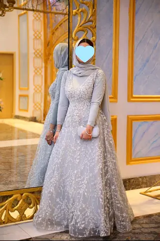 Icy blue embellished long formal dress
