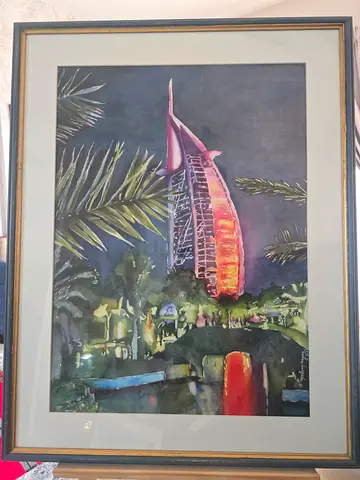 Framed Burj Al Arab Watercolor Painting — Signed Artwork