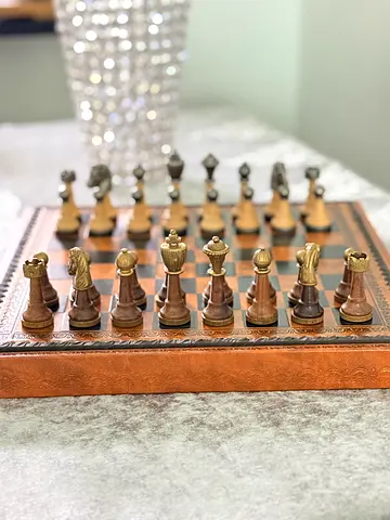 Wooden & Leather Chess Set with Ornate Carved Pieces