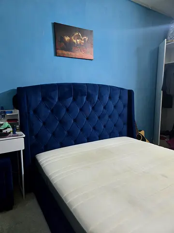 Navy Blue Tufted Velvet Bed with Mattress