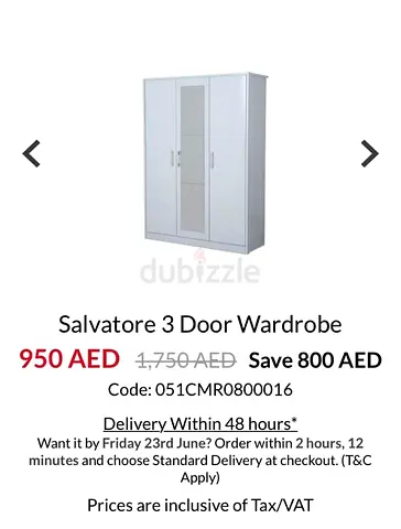 White 3-Door Salvatore Wardrobe with Mirror - Good Condition for 500 dhs